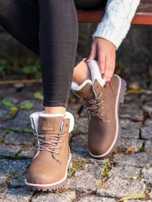 Módní  trekingové boty hnědé dámské na plochém podpatku