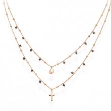 Amen Dvojitý růžově pozlacený náhrdelník se zirkony, srdcem a křížem Candy Charm CL2CUCRN