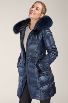 Kara modrý prošívaný zimní kabát s kožešinou - 40