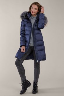 Kara modrý elegantní zimní prošívaný kabát s kožešinou - 50