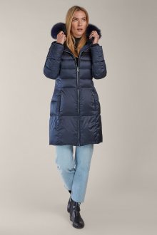 Kara modrý zimní péřový kabát s kožešinou