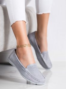 Moderní  mokasíny šedo-stříbrné dámské bez podpatku