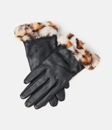 Černé kožené rukavice s umělým kožíškem CAMAIEU - S