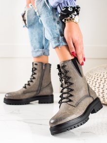 Originální dámské  kotníčkové boty šedo-stříbrné na plochém podpatku