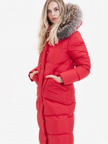 Červený dámský prošívaný kabát s pravou kožešinou KARA - M