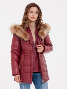 Červený dámský kožený kabát s pravou kožešinou KARA - S
