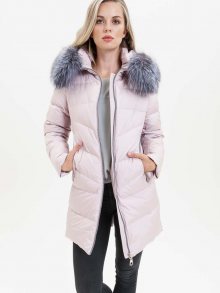 Světle růžový dámský kabát s pravou kožešinou KARA - S