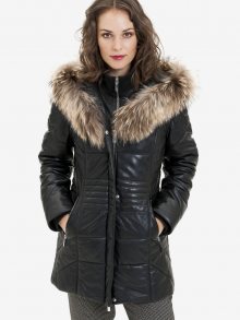 Černý dámský kožený kabát s pravou kožešinou KARA - XL