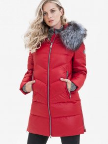 Červený dámský prošívaný kabát s pravou kožešinou KARA - S