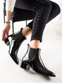 Originální dámské černé  kotníčkové boty na širokém podpatku