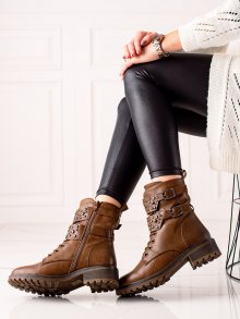 Jedinečné  kotníčkové boty dámské hnědé na plochém podpatku
