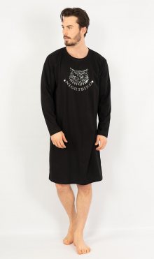 Pánská noční košile s dlouhým rukávem Sova - Gazzaz černá s potiskem M