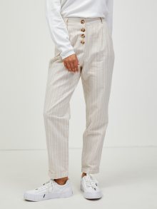 Krémové pruhované straight fit kalhoty s příměsí lnu CAMAIEU - XS