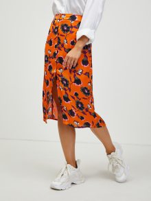 Oranžová květovaná sukně s rozparkem CAMAIEU - S