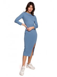 B219 Šaty s dlouhými rukávy a rozparkem - modré EU XXL