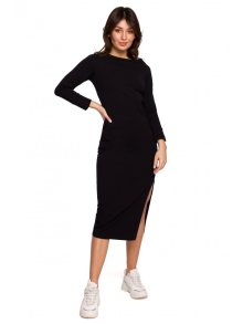 B219 Šaty s dlouhými rukávy a rozparkem - černé EU L