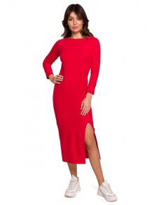 B219 Šaty s dlouhými rukávy a rozparkem - červené EU XXL