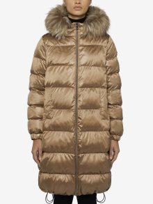 Hnědý dámský lesklý prošívaný zimní kabát s kapucí s kožíškem Geox Becksie - M