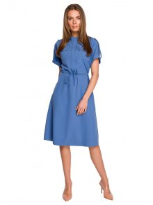 S298 Užitkové šaty s kapsami s klopou a zavazováním v pase - modré EU XXL