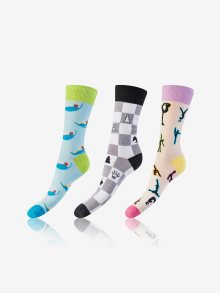 CRAZY SOCKS 3x - Zábavné crazy ponožky 3 páry - modrá - růžová - černá - 35-38