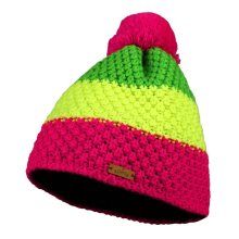 Bontis Dětská trojbarevná pletená zimní čepice s bambulí - Neonově růžová / žlutá / zelená | uni dětská