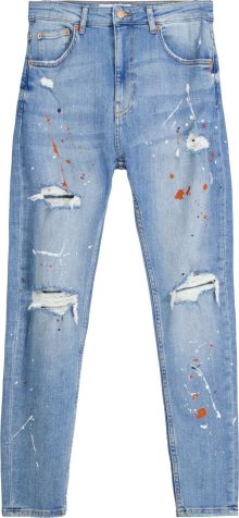 Džíny Bershka noční modrá / světlemodrá / tmavě oranžová / bílá