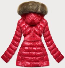 Lesklá červená zimní bunda s mechovitým kožíškem (W674) odcienie czerwieni XL (42)