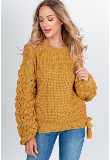 Dámský pletený svetr s mašlemi - horčicová, Velikost: UNI