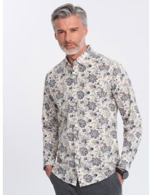 Pánska košeľa s kvetinovým vzorom SLIM FIT béžovo-sivá