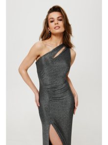 K189 Metalické šaty na ramena s děleným výstřihem - stříbrné EU S