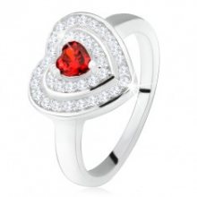 Prsten s červeným zirkonovým srdíčkem, čiré zirkony - obrysy srdcí, stříbro 925 SP26.21