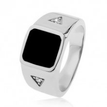 Stříbrný prsten 925, čtverec s černou glazurou, trojúhelníky se zirkonem S82.02