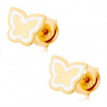 Náušnice ze žlutého 14K zlata - lesklý plochý motýlek, kontura z bílé glazury GG87.15