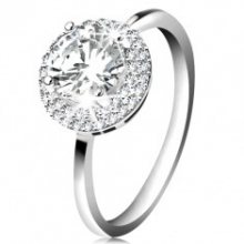 Rhodiovaný prsten, stříbro 925, kulatý zirkon čiré barvy, blýskavý lem K02.09