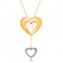 Náhrdelník ve 14K zlatě - jemný řetízek, obrys srdce a visícího srdíčka GG160.03