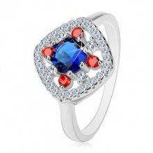 Stříbrný prsten 925, tmavě modrý střed, čiré a červené zirkonky K04.20