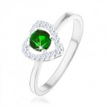 Prsten ze stříbra 925, blyštivá kontura srdce, zelený kulatý zirkon HH2.9