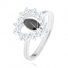 Stříbrný prsten 925, černý zirkon - zrnko, srdcovitý obrys, čiré zirkony HH12.18