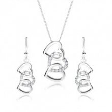 Stříbrný set 925, náušnice a náhrdelník - siluety tří propojených srdcí, čiré zirkony SP56.25