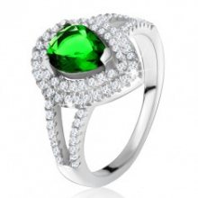 Prsten se zeleným slzičkovitým kamenem, dvojitý čirý lem, stříbro 925 T17.17