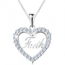 Stříbrný 925 náhrdelník, zirkonový obrys srdce, nápis Faith, tenký řetízek AC20.25