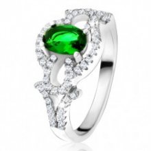 Prsten s oválným zeleným kamenem, čirý kruh, kapky, ze stříbra 925 U17.20