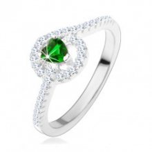 Zásnubní stříbrný prsten 925, zelené zirkonové srdíčko, třpytivé linie HH3.17