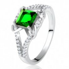Prsten ze stříbra 925, čtvercový zelený zirkon, rozdvojená ramena, X T18.11