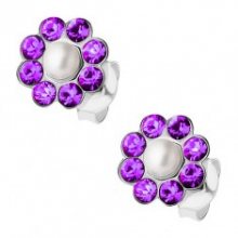 Stříbrné náušnice 925, perlička, fialové krystalky Preciosa - kvítek I34.27